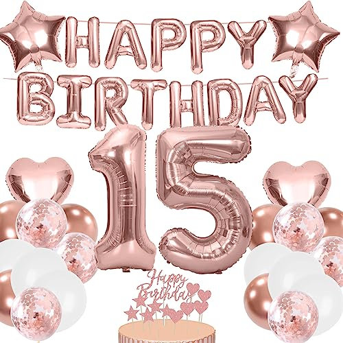 Luftballon 15. Geburtstag Deko Roségold für Mädchen - Folienballon, Happy Birthday Banner, Tortendeko - Ballon Geburtstagdeko Set