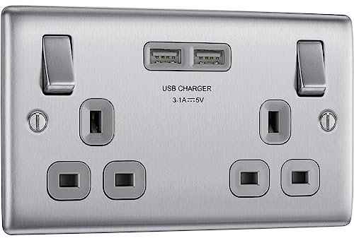 AMK® BG Nexus BRUSHED CHROME STEEL 13A Double USB Plug Wall Socket 2 Gang