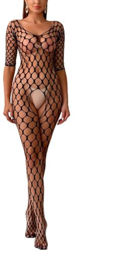 Bommi Fairy Women’s Lingerie Sexy Fishnet Nightwear Long Sleeve Babydolls Party Dress Mesh Stockings Tights One Size Stretchy Bottoming Suit (Black)