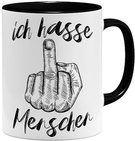 OM3® lustige Kaffee-Tasse mit Spruch - Ich hasse Menschen - Mittelfinger - Keramik Becher - 11oz 325ml - Beidseitig Bedruckt - Schwarz