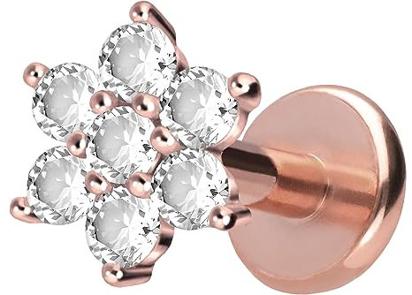 PIERCINGLINE Titan Labret mit Push Fit KRISTALLBLUME Piercing Ohr Helix Tragus Conch Roségoldfarben 1,2x8 mm