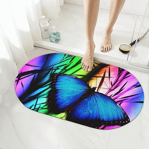 EVANEM Tapis de bain imprimé papillon bleu et bambou, tapis de bain en diatomée, antidérapant, séchage rapide, super absorbant, tapis de douche pour salle de douche, évier