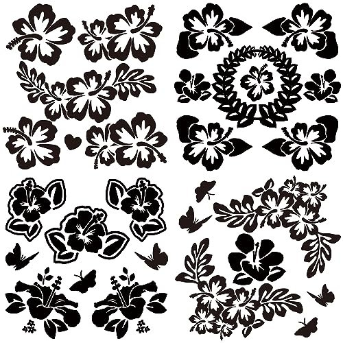 GORGECRAFT 4 Stile Hawaii-Hibiskusblüten-Autoaufkleber Schwarzer Schmetterling Laser-Autoaufkleber Sonnenschutz Haustier Selbstklebend Autozubehör Kfz-Außendekoration Für SUV