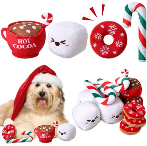 Syhood 12 Pack Dog Toys in Coffee Theme Squeaky Dog Toys Gift for Small Medium Dogs Interactive Pet Chew Toys Include Marshmallow, Hot Cocoa Cup, Candy Cane, Donut