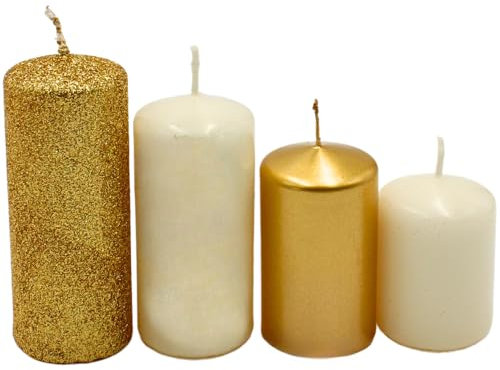 Gestufte Stumpenkerzen, Adventskerzen, Adventskranzkerzen, in Gold und Elfenbein, 4 Größen - H 5-10 cm, Ø je 4 cm, 450 gr