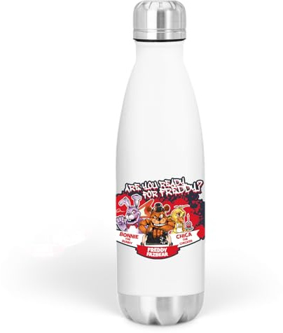 Smartypants Animatronic Horror Gaming Water Bottle 500ml Insulated Stainless Steel Flask Freddy Bonnie Chica Fan Gift for Gamers School Travel Reusable Leakproof Drinks Bottle White Silver