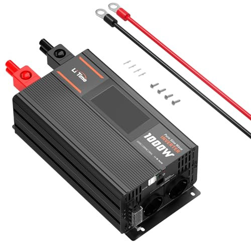 LiTime 1000W Reiner Sinsuswellen Wechselrichter 12V DC zu 230V AC Konverter für Womo, Camping, Solarstrom-Wechselrichter mit 2*AC Ausgängen, Überwachungsbildschirm mit Echtzeit-Statusanzeige