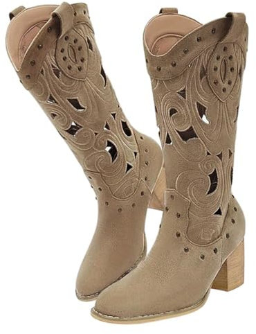 Minetom Stivali Donna Camoscio Stivali Western Traforati Cowboy Biker Stivali Alti A Punta Stivaletti Lunghi con Tacco A Blocco A Cachi 38 EU