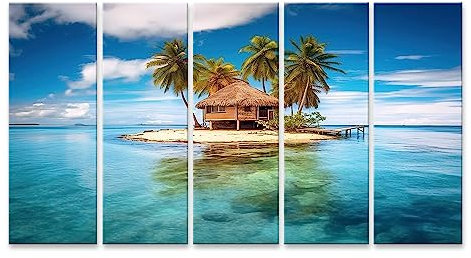 islandburner Prime Bild auf Leinwand Tropische Insel Palmen Strand Bungalow Umgeben von blauem Wasser KI S Bilder Wandbilder Poster