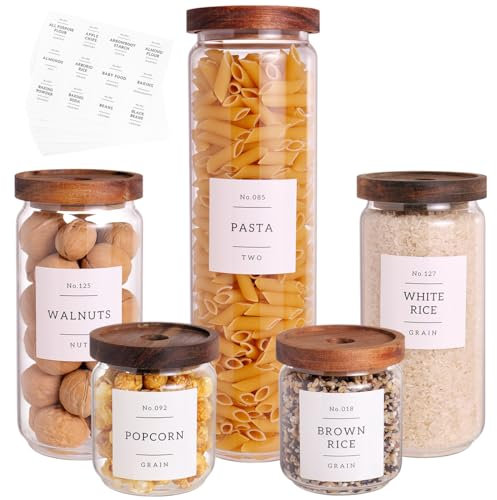 5 Set Glass Pantry Storage Jars with Acacia Airtight Lid - Thicken Glass Kitchen Canisters with 132 Pantry Labels - Clear Glass Food Storage Containers with Wood Lid for Tea,Sugar,Candy,Cookie,Pasta