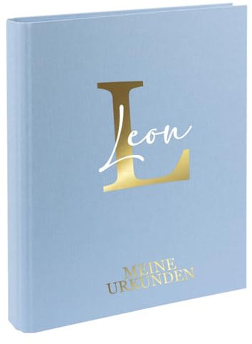 AWASG Urkundenmappe Kinder - Personalisiert mit Namen - Dokumentenmappe Ringbuch für Mädchen Jungen - Zeugnisordner Leinen zum Einsortieren von Urkunden (hellblau)