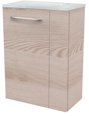FACKELMANN B.CLEVER Gäste-WC Set 2 Teile – Waschtischunterschrank in Holz Braun mit Waschbecken aus Glas in Weiß – SBC Waschbeckenunterschrank schmal – Türanschlag Links – 45 cm breit