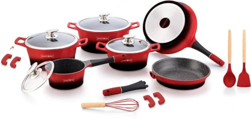 Royalty line Kochtopf- und Pfannen-Set, 14-teilig, Marmorbeschichtung, Induktion, PFAS-frei, Für alle Wärmequellen (Schwarz) (Rot&Schwarz)