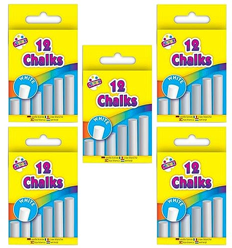 FotoStation 5 Packs - White Chalks for Blackboard Sidewalk Chalk for Toddlers - Non-Toxic, Low-Dust and Easy Wipe Off White Chalk Stick - 12 Pieces in One Pack