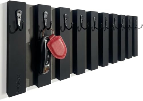 Lamellen Schlüsselbrett Garderobenleiste Holz MDF, Hakenleiste, Kleiderhaken, Wandhaken, Edelstahl, Wandgarderobe, Garderobenpaneel, für Flur, Kinderzimmer, Schlafzimmer (60cm 10 Haken Schwarz)