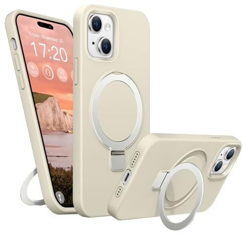BENTIACC Liquid Silikon handyhülle für iPhone 15 hülle, für Mag-Safe mit Unsichtbarem Ständer 4 Schichten stoßfeste Kratzfeste Schutzhülle für iPhone 15 (Beige)
