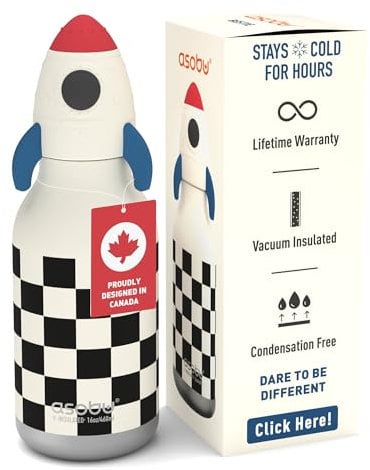 asobu Bestie Rocket Checker - Botella con pajita para niños, diseño de acero inoxidable, 500 ml