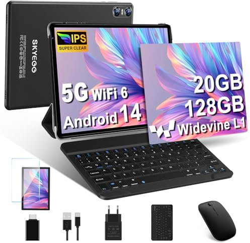 Tablet 10 Zoll Android 14 mit 20 GB RAM+128 GB ROM (Erweiterbar auf 1 TB), 5G WLAN 6,GPS, Widevine L1, Octa-Core, 5MP + 8MP, BT 5.0, FHD 1280 x 800, 6000mAh, Tablet mit Tastatur + Maus, Schwarz