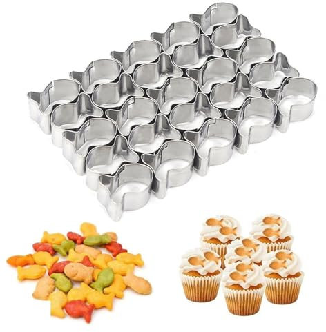 Gold Fish Cracker Cutter, 25 Cavity Mini Fish Cookie Cutter with Cleaning Brush Stainless Steel Fish Shaped Cutter Molds for Kids DIY and Baking.