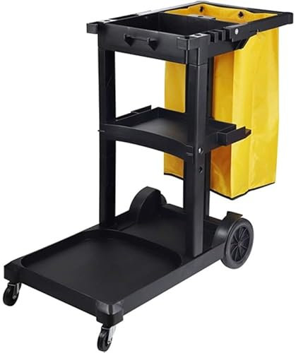 Stalwart Professional Janitor Cleaning Trolley, 120 x 53 x 99Hcm Polypropylene On Castors and Bin Cover For Hotels, Industrial Use, Office Cleaning, Commercial housekeeping.