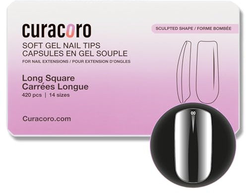 Curacoro Sculpted Nail Soft Gel Tips - 420Pcs Soft Gel Nail Extension Tips, 14 Sizes Clear Full Cover Fake Nails for Extension, Long-Lasting Salon Quality, Natural Look (Square, Long)