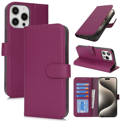 Zouzt Echtleder Hülle für iPhone 15 Pro Max 6,7, 4 Kartenfächern,Rose Lila | Premium Leder, Kartenhalter, Magnet Klapp Schutzhülle, Stoßfeste TPU-Innenhülle, Frauen Männer, Leather Wallet Phone Case