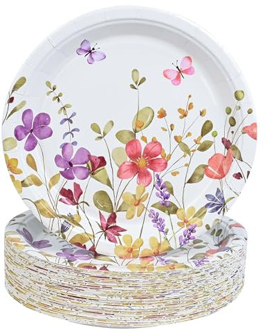 Piatti di carta vintage con fiori selvatici usa e getta, 17,8 cm, per primavera, estate, prato, farfalle, per picnic, compleanno, addio al nubilato, baby shower, articoli da tavola (48)