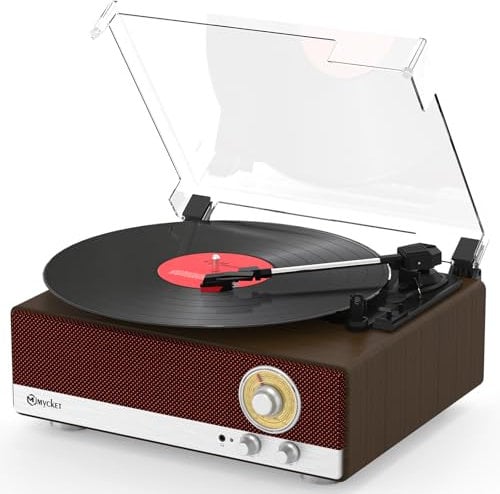 Mycket Tocadiscos de Vinilo Vintage Bluetooth con 3 Velocidades 33/45/78 RPM, Reproductor de Vinilo Portátil con Altavoz Estéreo Dual,Radio Am/FM,Transmisor Bluetooth,Salida RCA,Auto-Stop,Auriculares