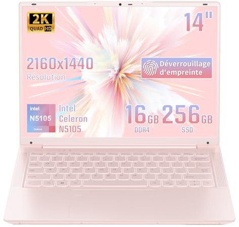 LONGEVINCE Ordinateur De 14,1 Pouces, Processeur Celeron N5105,Déverrouillage Des Empreintes Digitales, Clavier Rétroéclairé,Caméra Push-Pull,Win 11,Type-C, USB3.0*3, WiFi/BT 5.0 (Rose,16G+256GB SSD)