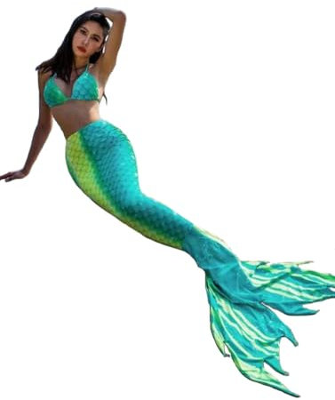 LVTFCO Costume de scène costume d'été trois pièces costume de plage queue de poisson adulte sirène jupe pendaison cou set,Green-M