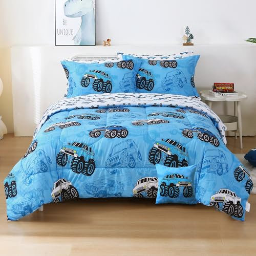 Mooreeke Kinder-Bettwäsche-Set für Jungen, 8-teilig, LKW, Blau, für Teenager, weiche Mikrofaser, Kinderbett in einer Tasche mit Bettdecke, Bettlaken-Set, Kissenbezügen und dekorativem Spielzeugkissen