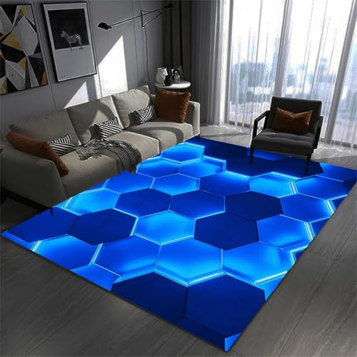 RUILBJM Schlafzimmer Gaming Teppich, 3D Vision Geometrisches Neon Muster, rutschfest Weiche Flanell Matte, Wohnzimmer Teppich, für Teenager Computer Spiel Zimmer, Coole Deko (Blau,120x180 cm)