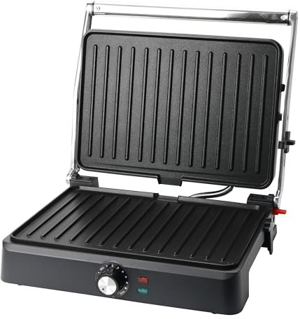 EMERIO Kontaktgrill Panini Grill Sandwichmaker Tischgrill | Grillfläche 34x24cm | antihaftbeschichtet | 2200W | fettarm grillen | 180° Öffnung | einstellbarer Thermostat | Edelstahl | CG-130859