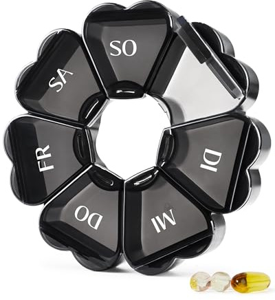MOLN HYMY Niedliche wöchentliche Pillendose, 7 Tage, runde Pillendose mit Blumenmuster, 1 mal pro Tag (Schwarz)