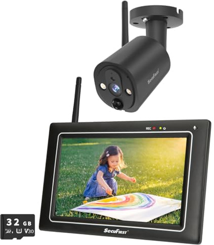 SecuFirst Überwachungskamera Aussen Kit mit Innen Monitor, 7 Touchscreen | mit 2TB Erweiterbarer Speicher, Arbeiten ohne WLAN,2K Kamera Überwachung Outdoor,32GB Lokal Speicher.