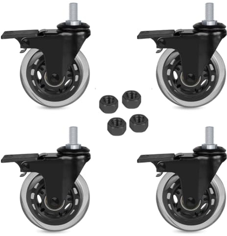 Hirate 7,6 cm Vorbaurollen, Set mit 4 metrischen Gewindestielen, M10 x 20 mm, robuste Rollen mit Sicherheitsverriegelung, Möbelrollen, Lenkrollen mit Sechskantmuttern, 272 kg