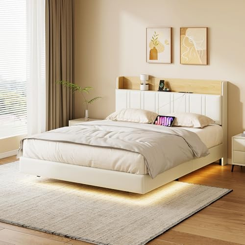 BRILVERDE Schweberbett 140 x 200 cm mit LED und USB, Hängebett mit Kopfteil mit Aufbewahrung, mit Lattenrost, PU (Beige, 140 x 200 cm)