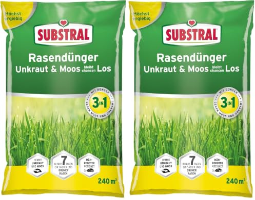 Substral Rasendünger Unkraut & Moos bleibt chancenlos, 7,2kg für 240qm, sattgrüner Rasen in 7 Tagen, düngt bis zu 3 Monate (Packung mit 2)
