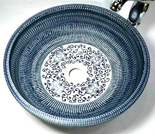 Lavandino rotondo in ceramica con motivo floreale vintage Kasbah, per bagno, guardaroba, lavabo, lavabo, lavabo, fatto a mano (40 cm, blu)