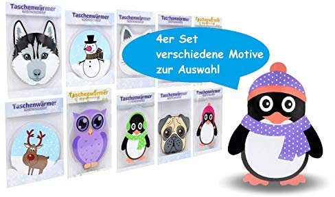 4 Stück Taschenwärmer Handwärmer in verschiedenen Motiven wählbar Hot Pack im Design Hund Katz, Pinguin, Eule oder Winter Motiv (Pinguin)