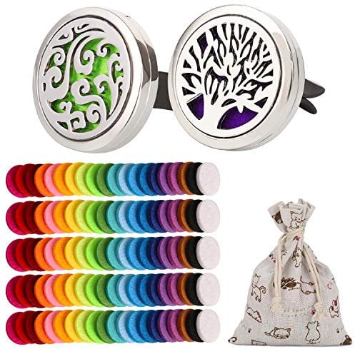 OOTSR 2Pcs Car Aromatherapy Essential Oil Diffuser, Stainless Steel Air Freshener Vent Clip Locket for Car, Living Room, Office, with 102pcs Refill Felt Pads (Tree & Wave Style)