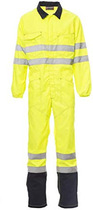 PAYPER Ship Tuta da Lavoro Alta visibilità Unisex Uomo Donna Misto Cotone Poliestere Cerniera Centrale Tasche al Petto Porta Badge Penne Metro Giallo Fluo/Blu Navy (5XL)