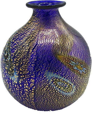 Botella de la colección de cristal de Murano Murrina con hoja de oro, fabricada en Italia (tonda azul, diámetro 7 x altura 7 cm)