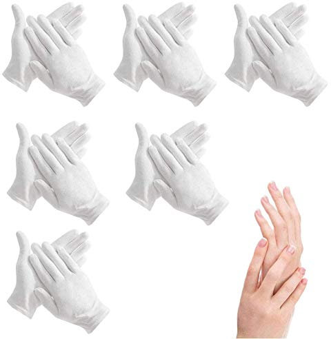6 pares guantes hidratantes durante la noche 100% algodón blanco | Inspección cosmética de calidad de tela premium | Eczema piel irritada y seca piel irritada terapia muñeca segura | Talla única