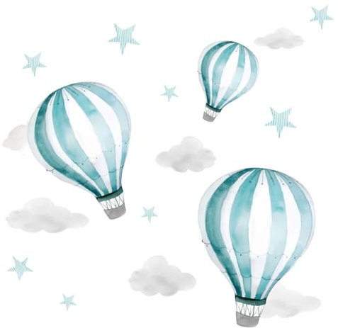 Little Deco Aufkleber Heißluftballons I Wandbild 68 x 34 cm (BxH) I Wolken Sterne Kinderzimmer Junge Wandtattoo Mint Babyzimmer Mädchen Schlafzimmer DL538