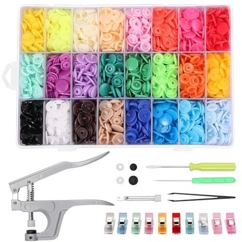 Snap Pliers Set, Kamtop 408 Sets of 24 Colors Plastic T5 Plastic Buttons Snaps Pliers Set, Aluminum Snaps Hand Tool Snaps Fastener with Storage Box for Clothes, Cloth Diapers.