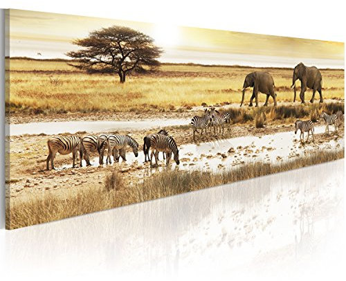 B&D XXL - Wandbilder XXL Afrika 90x30 cm 1 tlg - Wand Deko Vlies Leinwand Bilder Groß Wanddeko Wohnzimmer Schlafzimmer Kunstdrucke Panoramabild - Savanne Tiere Natur Zebra Elefant