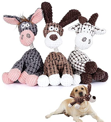 3 Stück Hundespielzeug - Quietschendes Plüschtier für Kleine und Mittlere Hunde - Esel, Hund, Schaf