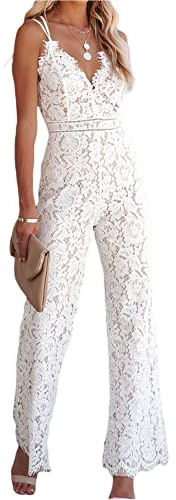 Felcia Damen ärmelloses Jumpsuit Spaghettiträger V-Ausschnitt Spitze offener Rücken weitbeiniger Romper Lange Hose, weiß, M