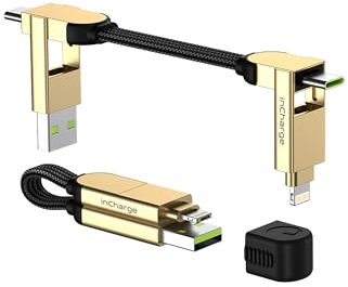 Rolling Square inCharge X - Llavero con Cable Usb c Carga Rapida, 100 W - Cargador Usb c Universal para Dispositivos Moviles 6 en 1 con Usb a/c + Cable Lightning y Micro Usb, para Regalo Hombre, Gold